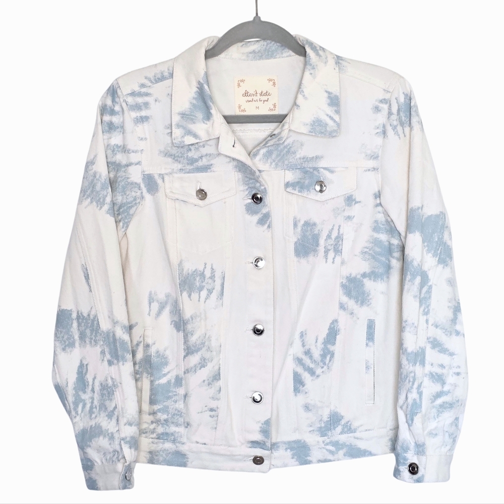 Atar'd State Tie Dye Denim Jacket White/Blue Silver Buttons Size Medium NWT